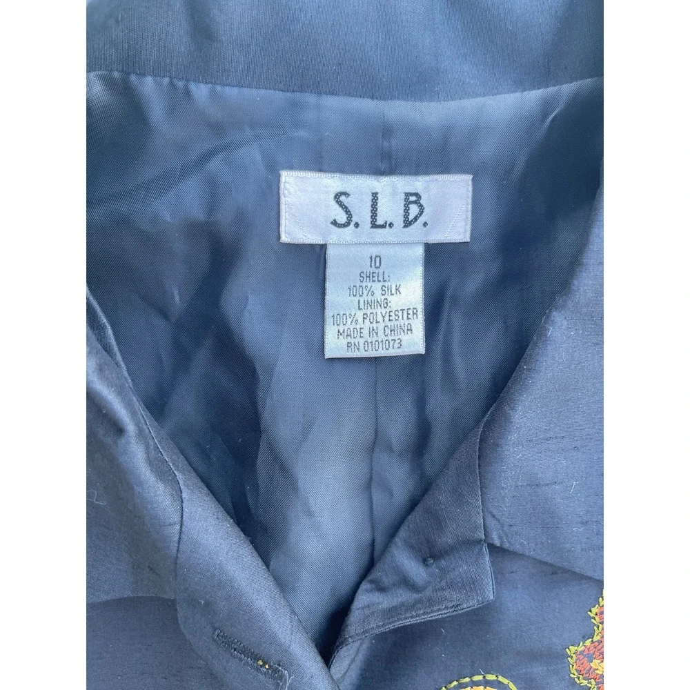 SLB Womens Navy Blue 100% Silk Embroidered Leaf Button Front Jacket Size 10